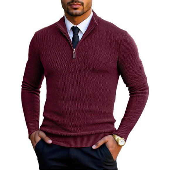 Men Slim Fit Quarter Zip Pullover Sweater Knit Mock Neck Polo Dark Red Sweater